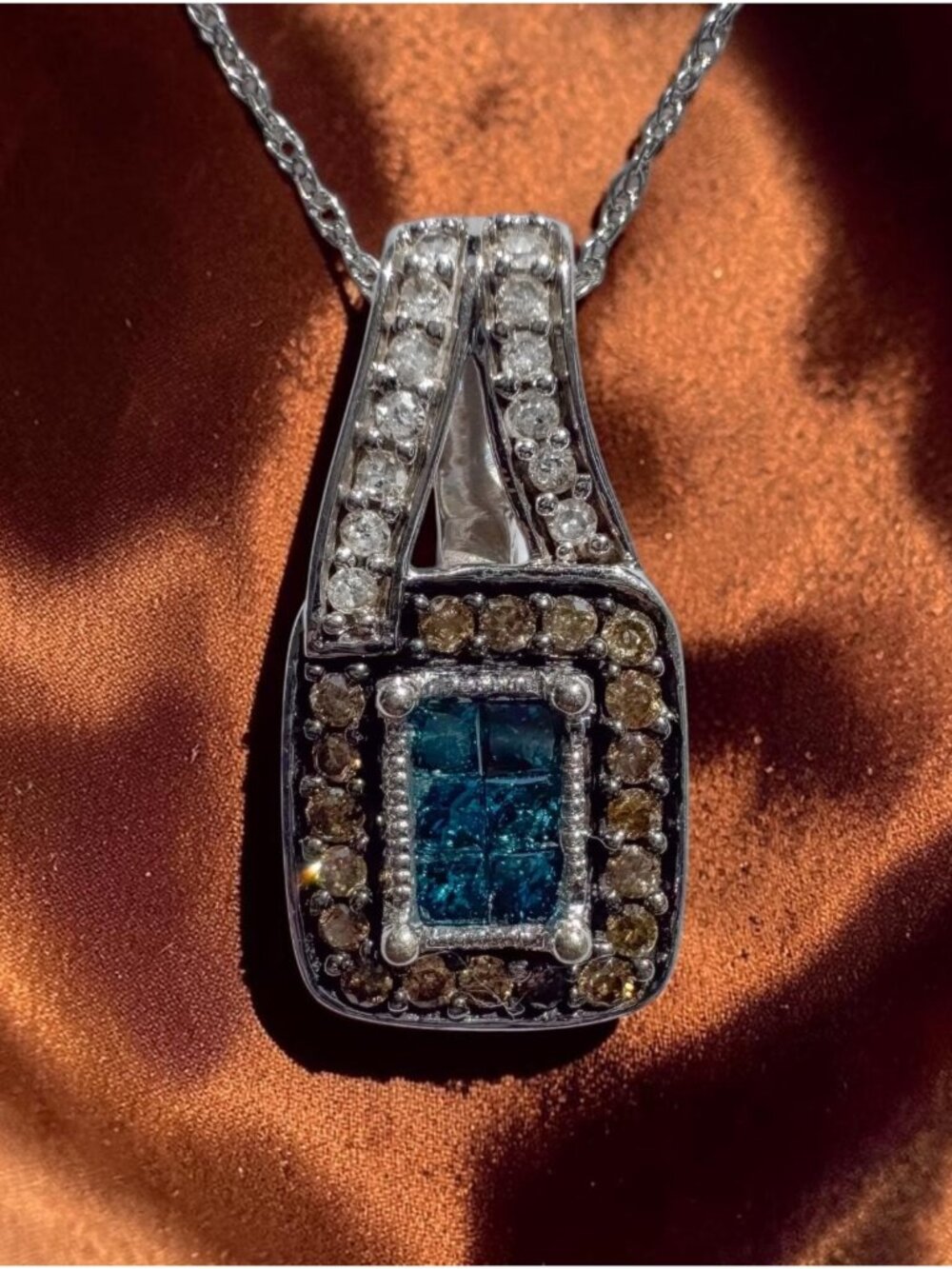10K White Gold Blue Diamond Necklace 18" White & Brown Diamond Pendant 1/2ct t.w